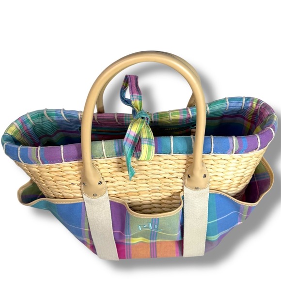 Lauren Ralph Lauren Madras Plaid Straw Tote Bag Canvas Beach Bag Preppy Vacation - Picture 3 of 8